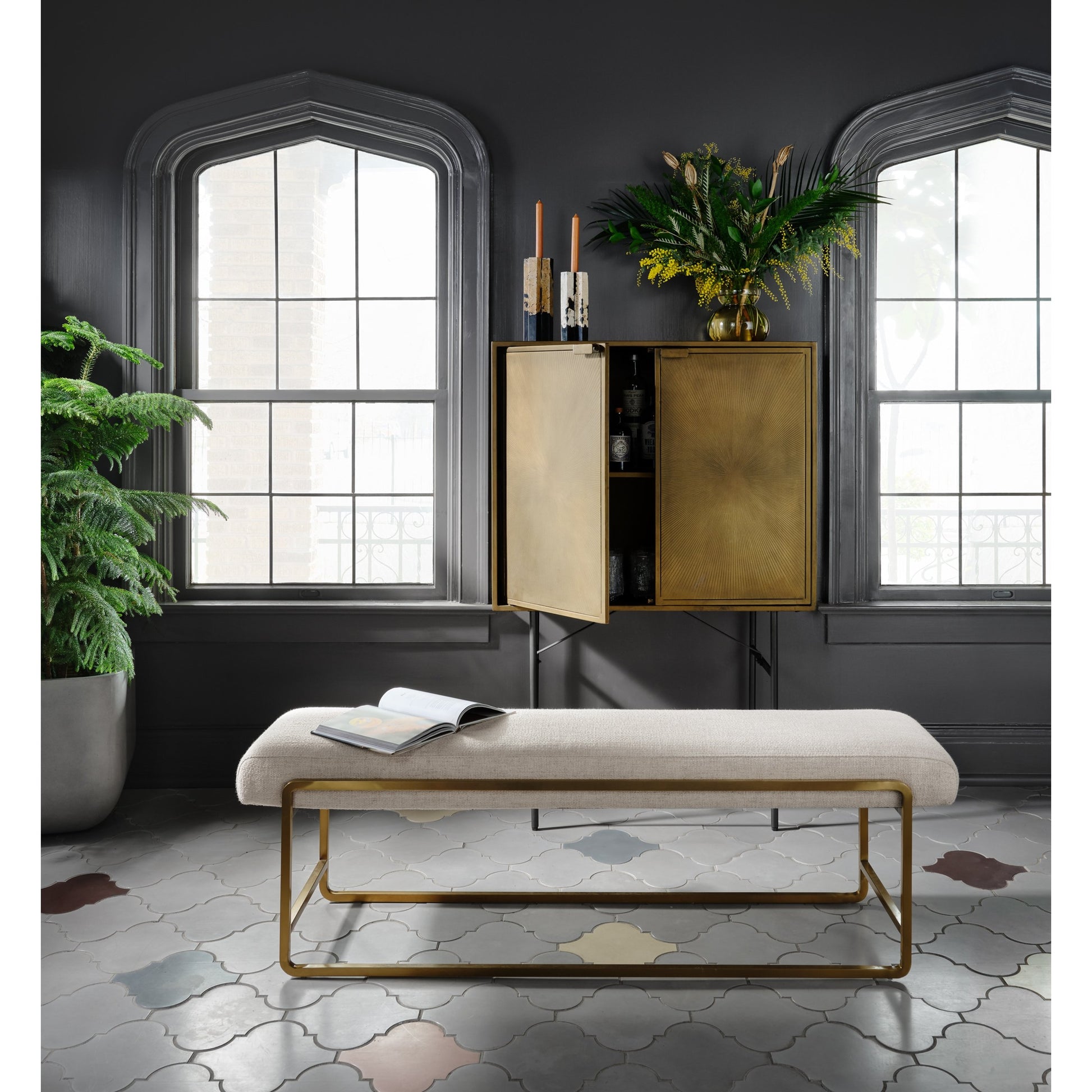 Sled Bench by Four Hands in thames cream. Made from 66% polyester, 19% acrylic, 15% flax, linen, stainless steel, poplar plywood in a modern style.