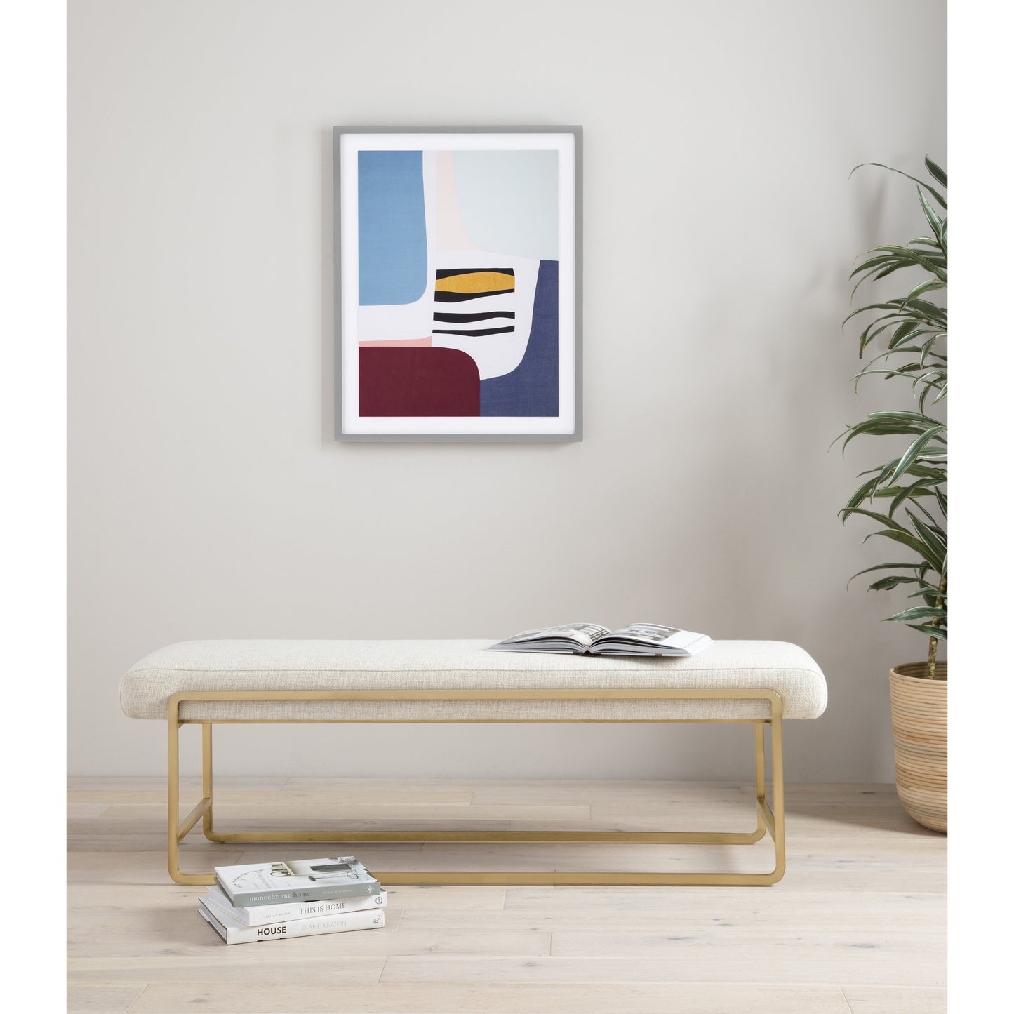 015 SR-810021 | Lifestyle | Sled Bench by Four Hands in thames cream. Made from 66% polyester, 19% acrylic, 15% flax, linen, stainless steel, poplar plywood in a modern style.
