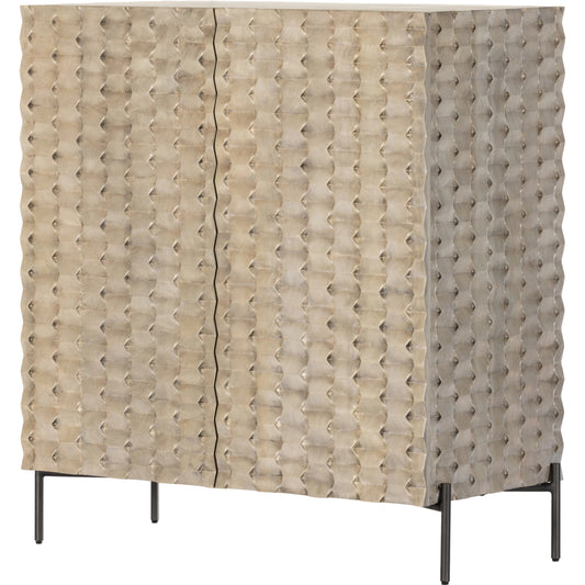 Raffael Bar Cabinet by Four Hands in carved stonewash grey. Made from solid mango, iron in a eclectic & global style.