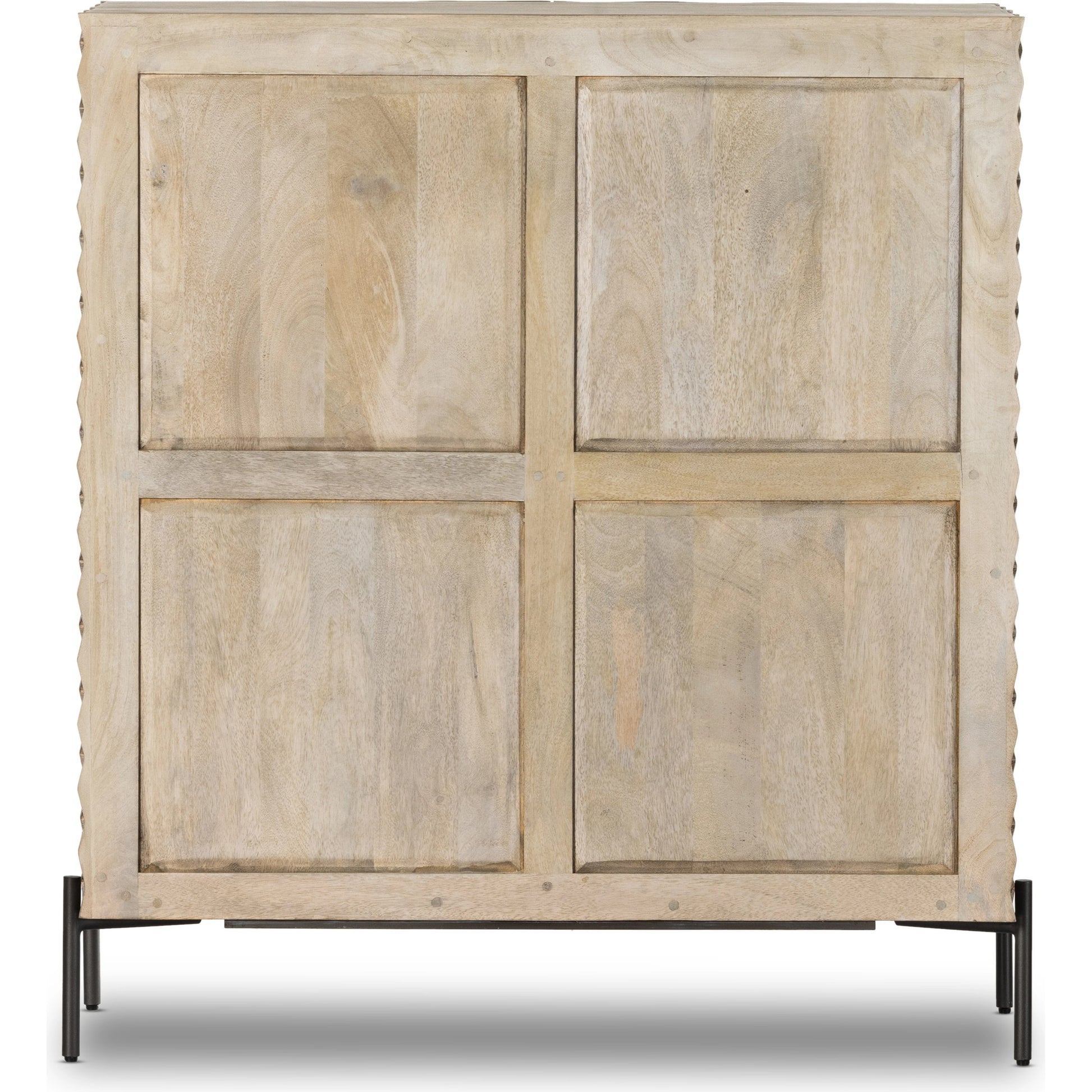Raffael Bar Cabinet by Four Hands in carved stonewash grey. Made from solid mango, iron in a eclectic & global style.