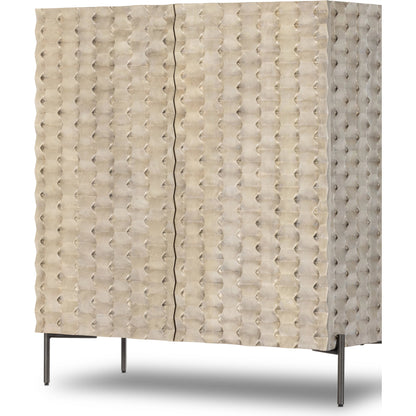 Raffael Bar Cabinet by Four Hands in carved stonewash grey. Made from solid mango, iron in a eclectic & global style.
