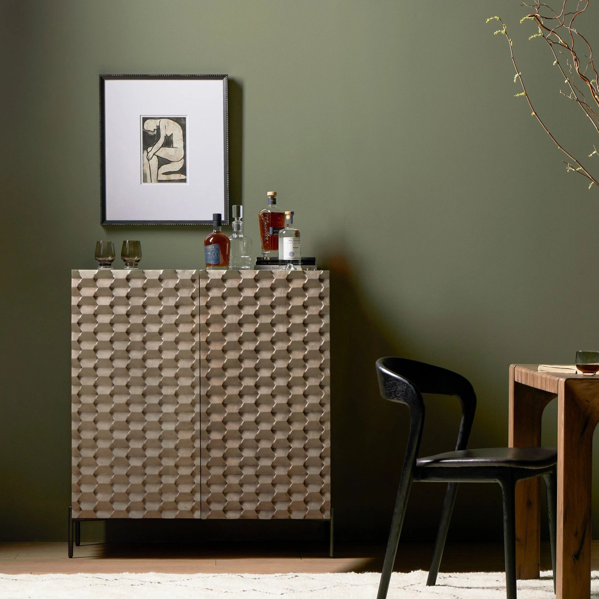 Raffael Bar Cabinet by Four Hands in carved stonewash grey. Made from solid mango, iron in a eclectic & global style.