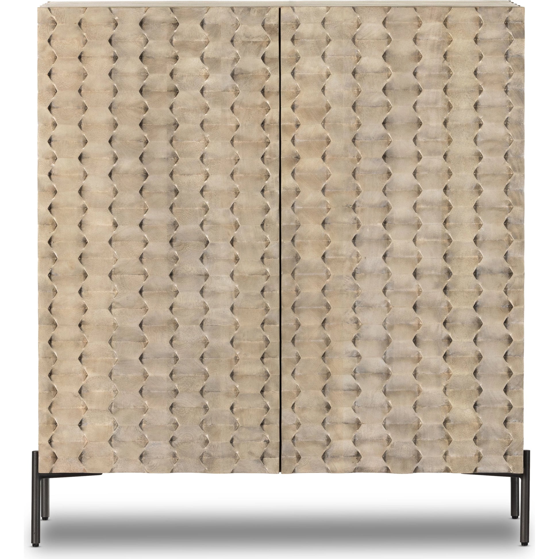 Raffael Bar Cabinet by Four Hands in carved stonewash grey. Made from solid mango, iron in a eclectic & global style.