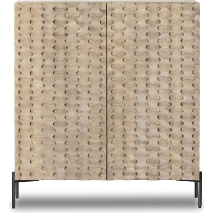 Raffael Bar Cabinet by Four Hands in carved stonewash grey. Made from solid mango, iron in a eclectic & global style.