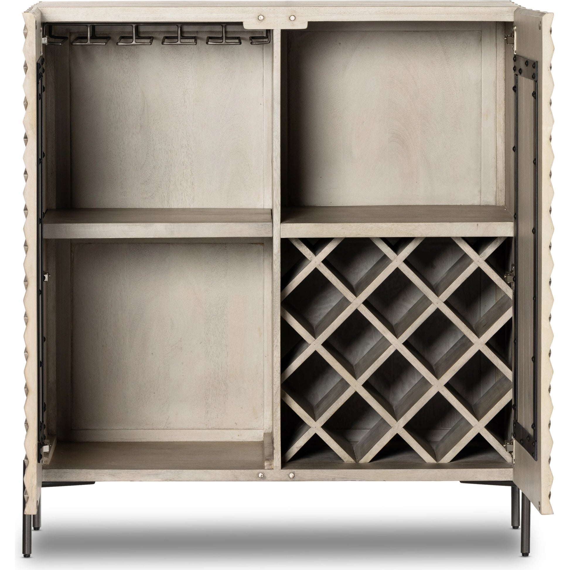 Raffael Bar Cabinet by Four Hands in carved stonewash grey. Made from solid mango, iron in a eclectic & global style.