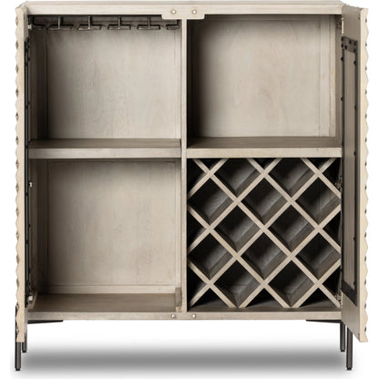 Raffael Bar Cabinet by Four Hands in carved stonewash grey. Made from solid mango, iron in a eclectic & global style.