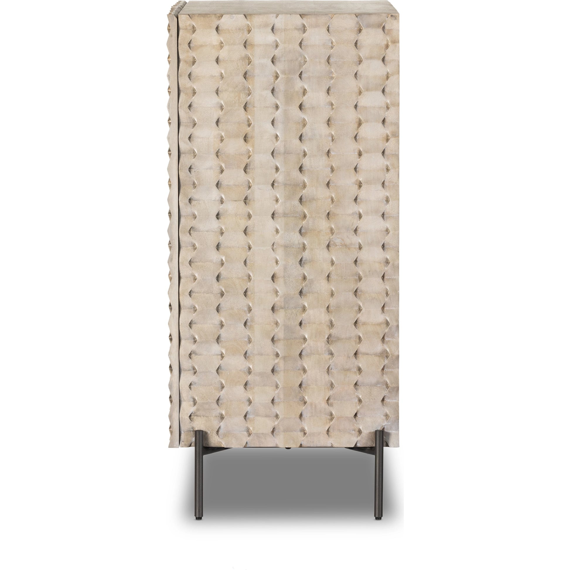 Raffael Bar Cabinet by Four Hands in carved stonewash grey. Made from solid mango, iron in a eclectic & global style.