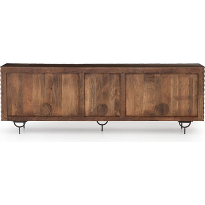 Rio Sideboard by Four Hands in round cut white wash, antique brass, white wash mango. Made from solid mango, iron in a eclectic & global style.