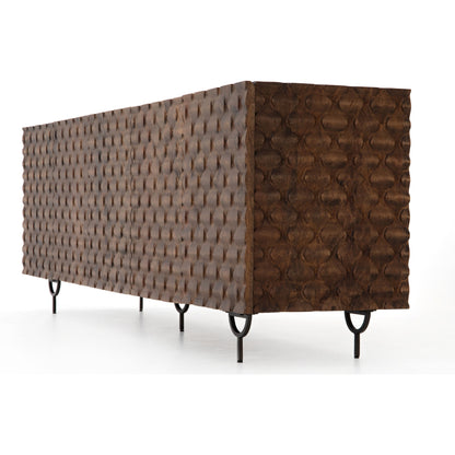 Rio Sideboard by Four Hands in round cut white wash, antique brass, white wash mango. Made from solid mango, iron in a eclectic & global style.