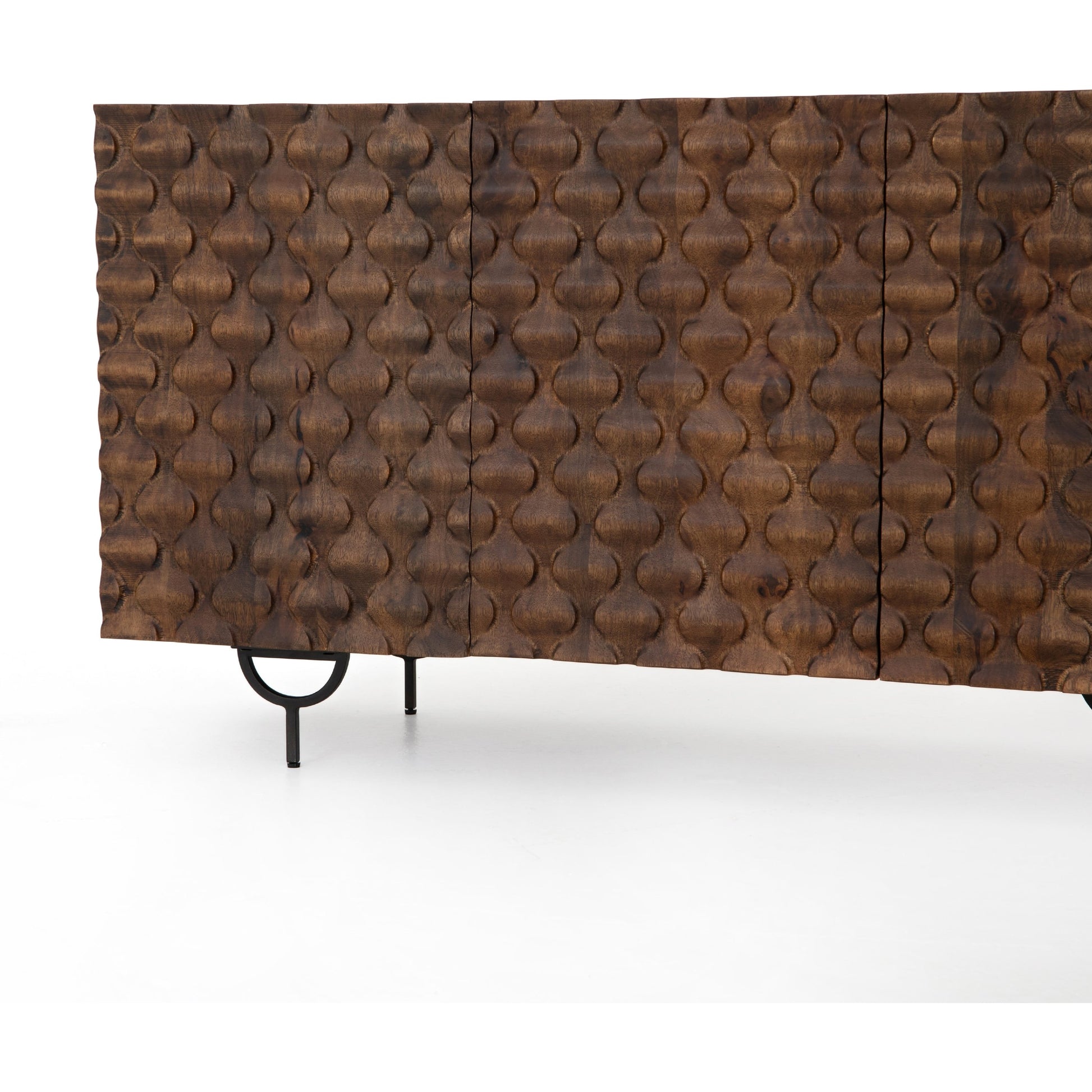 Rio Sideboard by Four Hands in round cut white wash, antique brass, white wash mango. Made from solid mango, iron in a eclectic & global style.