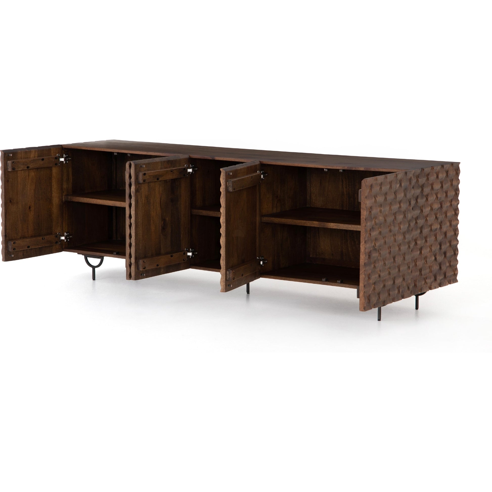 Rio Sideboard by Four Hands in round cut white wash, antique brass, white wash mango. Made from solid mango, iron in a eclectic & global style.