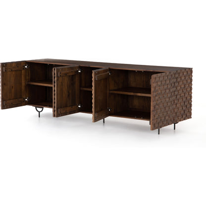 Rio Sideboard by Four Hands in round cut white wash, antique brass, white wash mango. Made from solid mango, iron in a eclectic & global style.