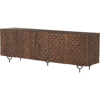 Rio Sideboard by Four Hands in round cut white wash, antique brass, white wash mango. Made from solid mango, iron in a eclectic & global style.