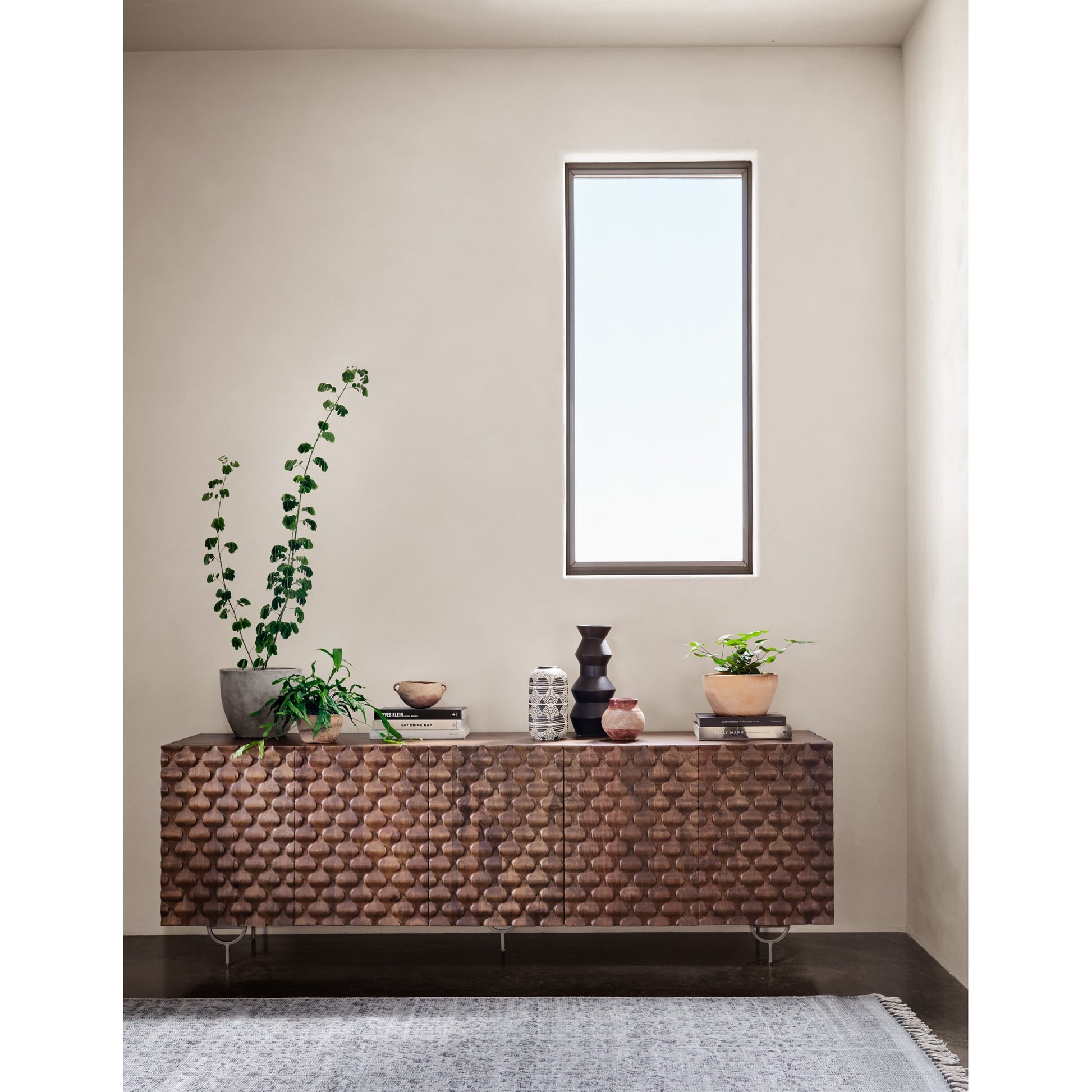 Rio Sideboard by Four Hands in round cut white wash, antique brass, white wash mango. Made from solid mango, iron in a eclectic & global style.