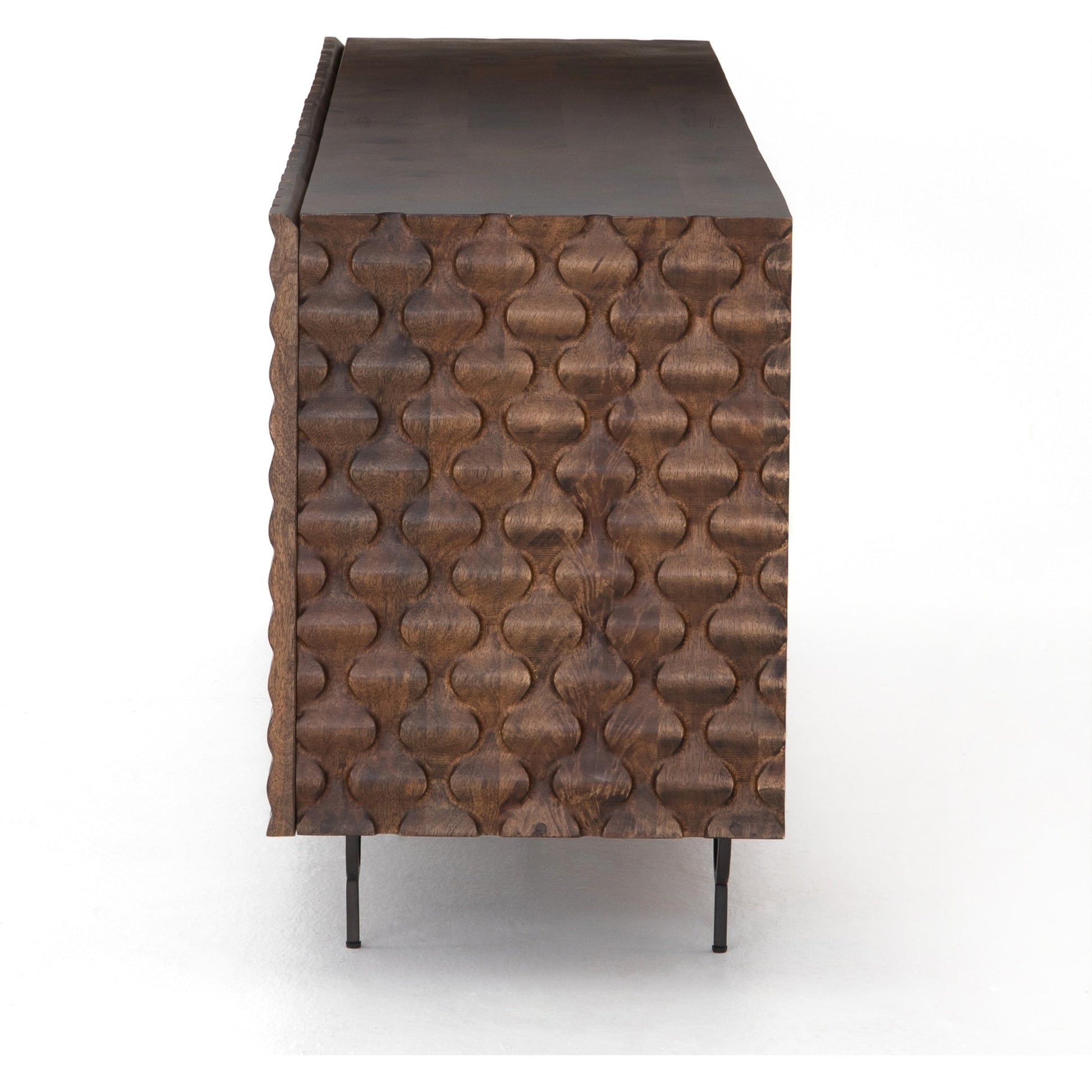 Rio Sideboard by Four Hands in round cut white wash, antique brass, white wash mango. Made from solid mango, iron in a eclectic & global style.