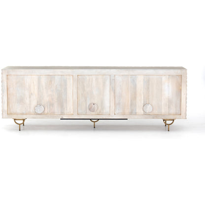 Rio Sideboard by Four Hands in round cut white wash, antique brass, white wash mango. Made from solid mango, iron in a eclectic & global style.