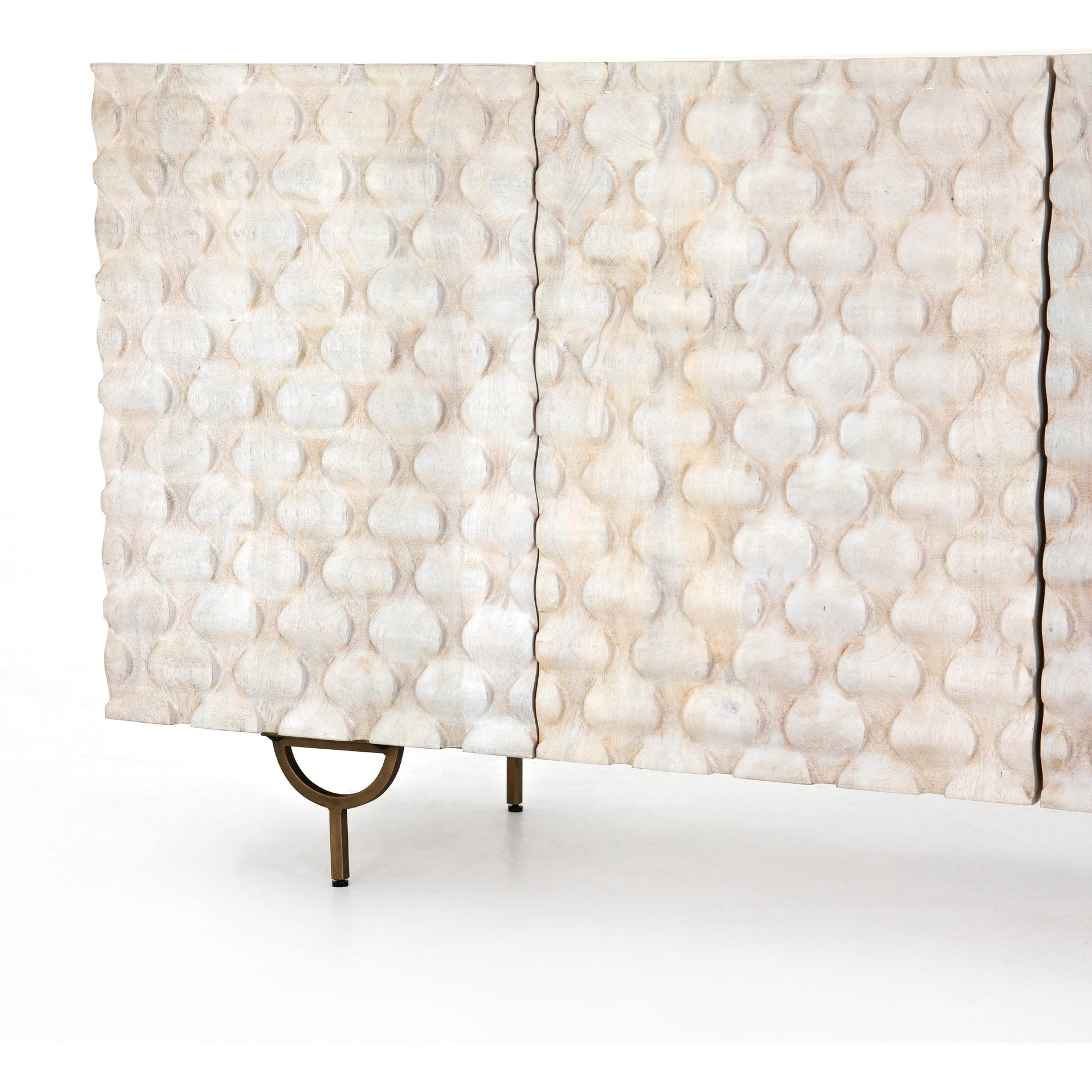 Rio Sideboard by Four Hands in round cut white wash, antique brass, white wash mango. Made from solid mango, iron in a eclectic & global style.