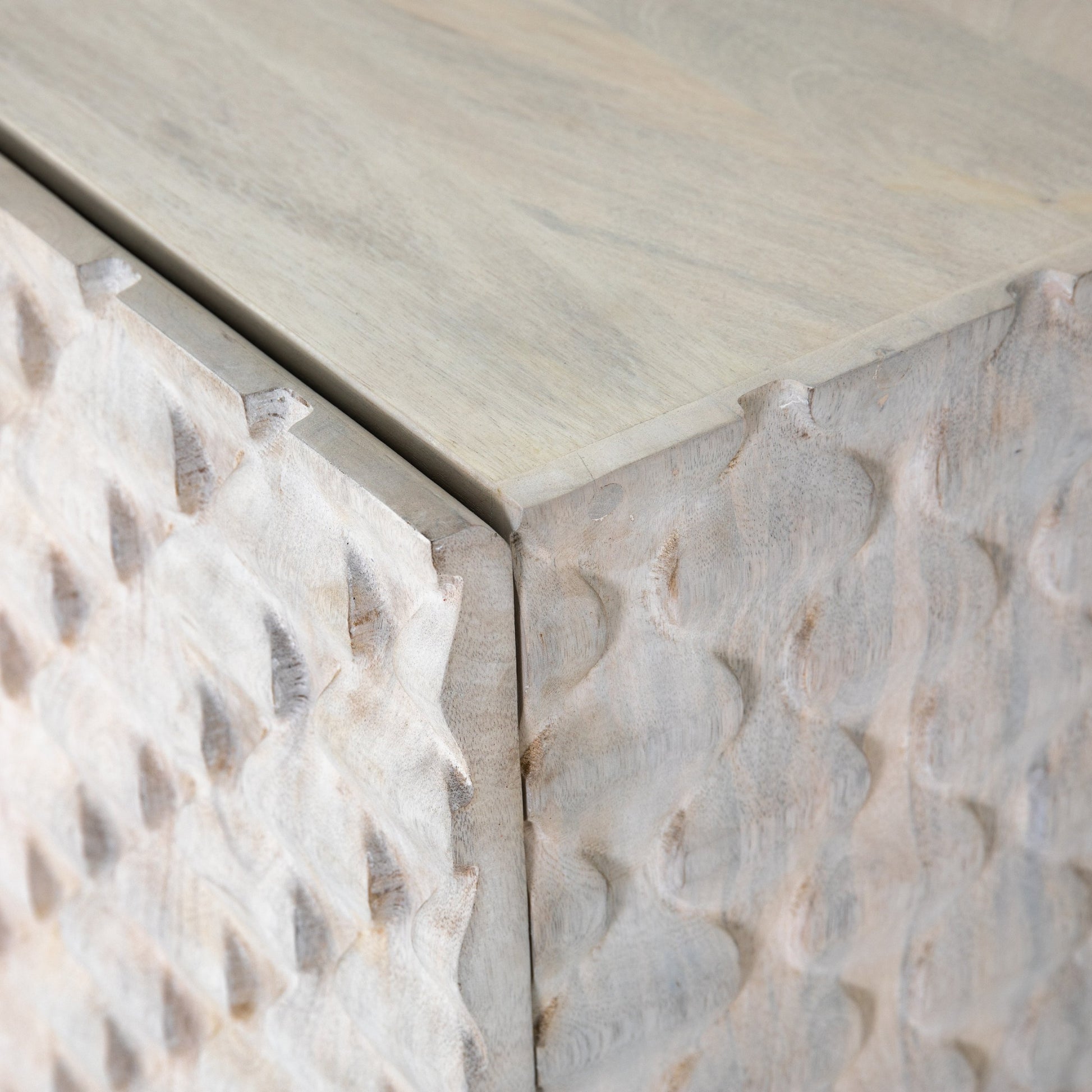 Rio Sideboard by Four Hands in round cut white wash, antique brass, white wash mango. Made from solid mango, iron in a eclectic & global style.