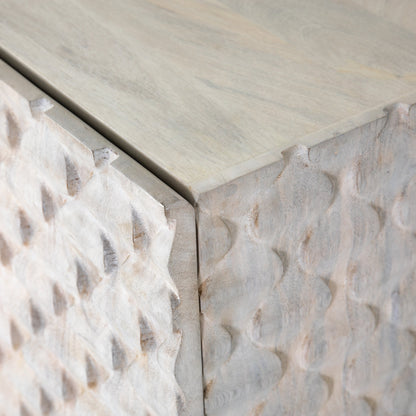 Rio Sideboard by Four Hands in round cut white wash, antique brass, white wash mango. Made from solid mango, iron in a eclectic & global style.