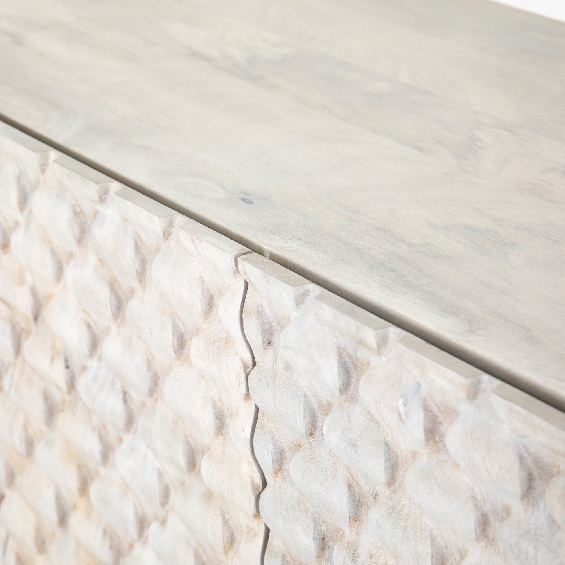 Rio Sideboard by Four Hands in round cut white wash, antique brass, white wash mango. Made from solid mango, iron in a eclectic & global style.