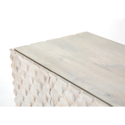 Rio Sideboard by Four Hands in round cut white wash, antique brass, white wash mango. Made from solid mango, iron in a eclectic & global style.