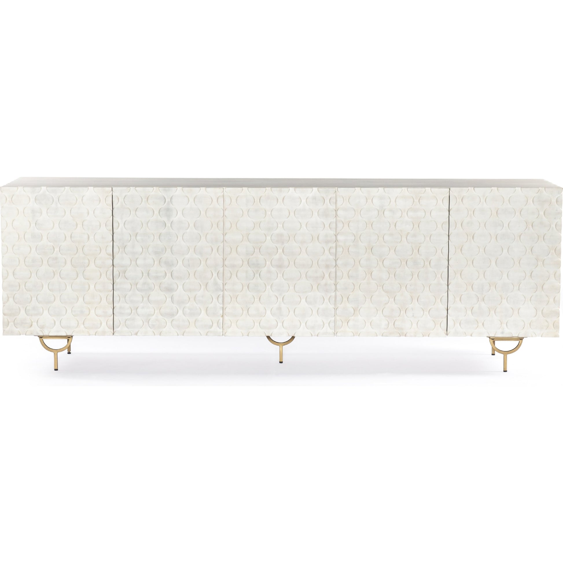 Rio Sideboard by Four Hands in round cut white wash, antique brass, white wash mango. Made from solid mango, iron in a eclectic & global style.