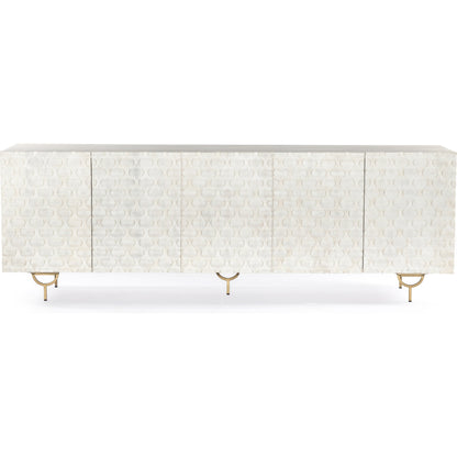 Rio Sideboard by Four Hands in round cut white wash, antique brass, white wash mango. Made from solid mango, iron in a eclectic & global style.