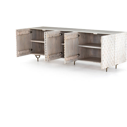 Rio Sideboard by Four Hands in round cut white wash, antique brass, white wash mango. Made from solid mango, iron in a eclectic & global style.