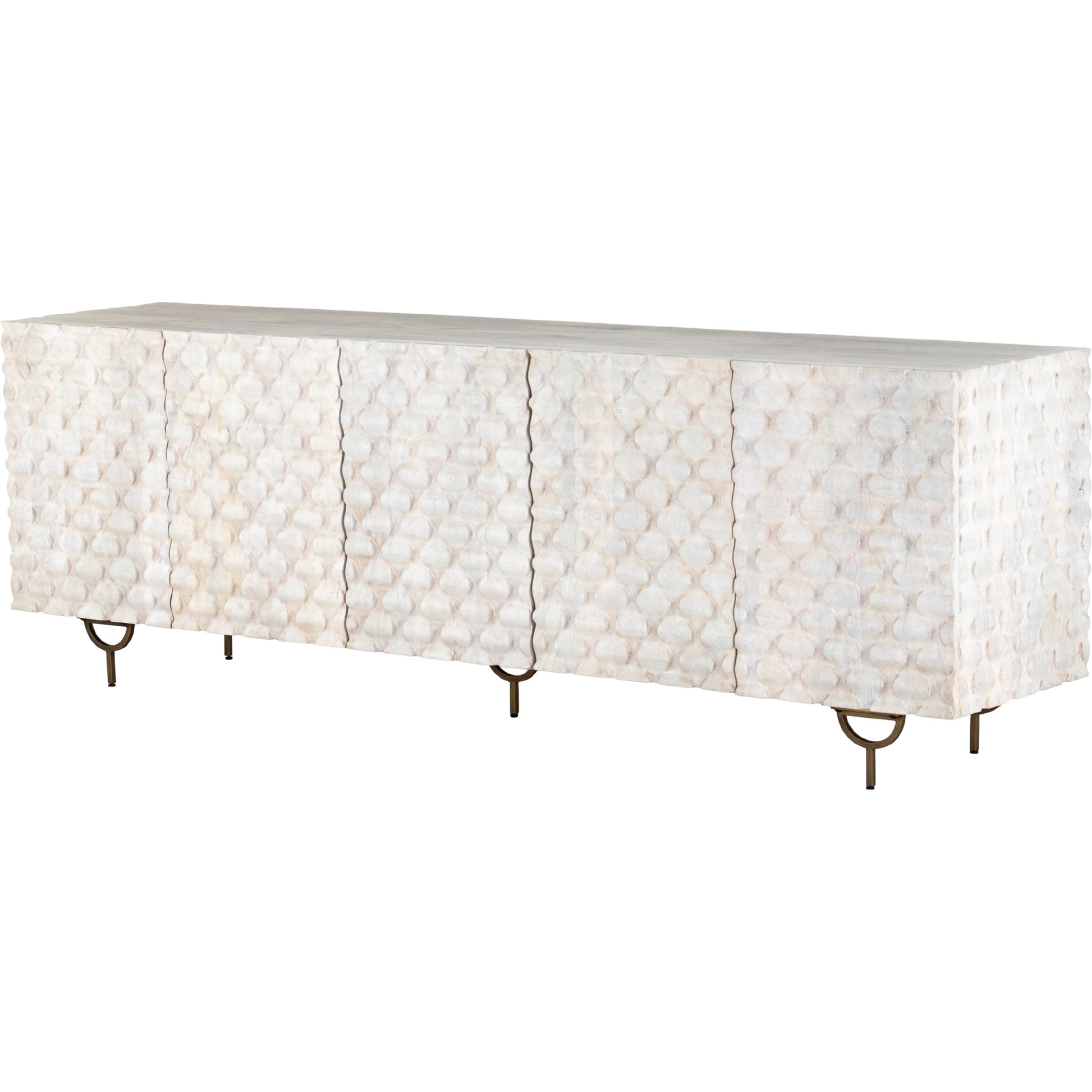 Rio Sideboard by Four Hands in round cut white wash, antique brass, white wash mango. Made from solid mango, iron in a eclectic & global style.