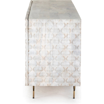 Rio Sideboard by Four Hands in round cut white wash, antique brass, white wash mango. Made from solid mango, iron in a eclectic & global style.