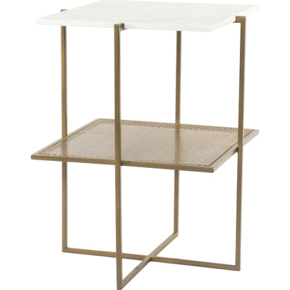 Olivia Nightstand by Four Hands in antique brass, polished white marble. Made from iron, solid marble in a modern style.