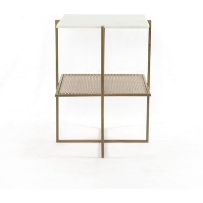 Olivia Nightstand by Four Hands in antique brass, polished white marble. Made from iron, solid marble in a modern style.