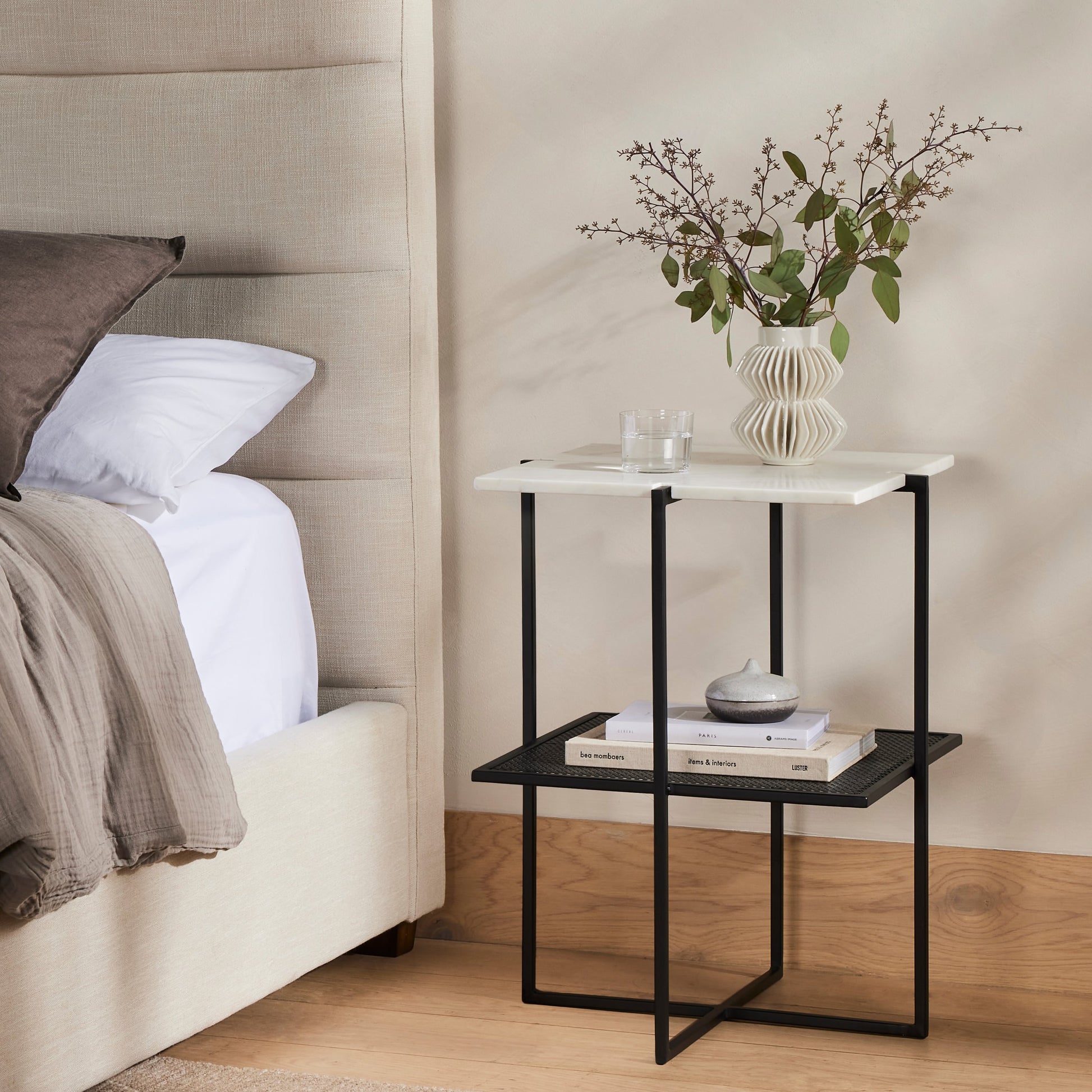 Olivia Nightstand by Four Hands in antique brass, polished white marble. Made from iron, solid marble in a modern style.