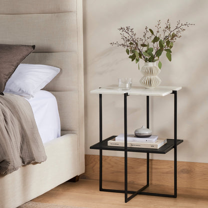 Olivia Nightstand by Four Hands in antique brass, polished white marble. Made from iron, solid marble in a modern style.