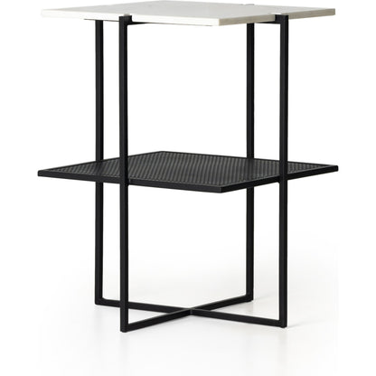Olivia Nightstand by Four Hands in antique brass, polished white marble. Made from iron, solid marble in a modern style.
