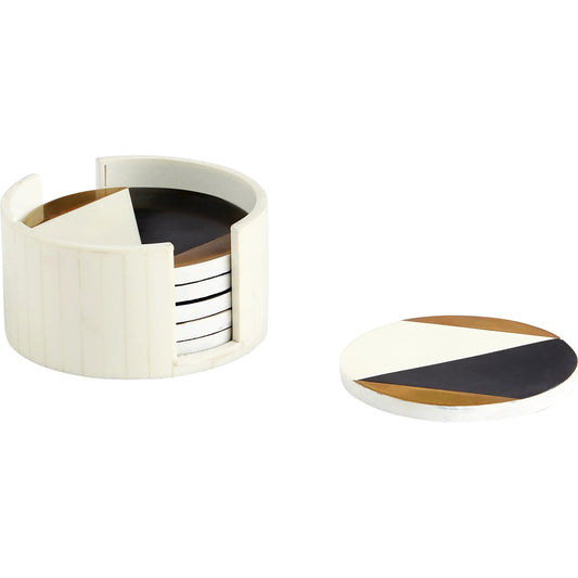 Modametric Coasters by Cyan Design in black - gold - white. Made from brass, resin, wood in a modern style.