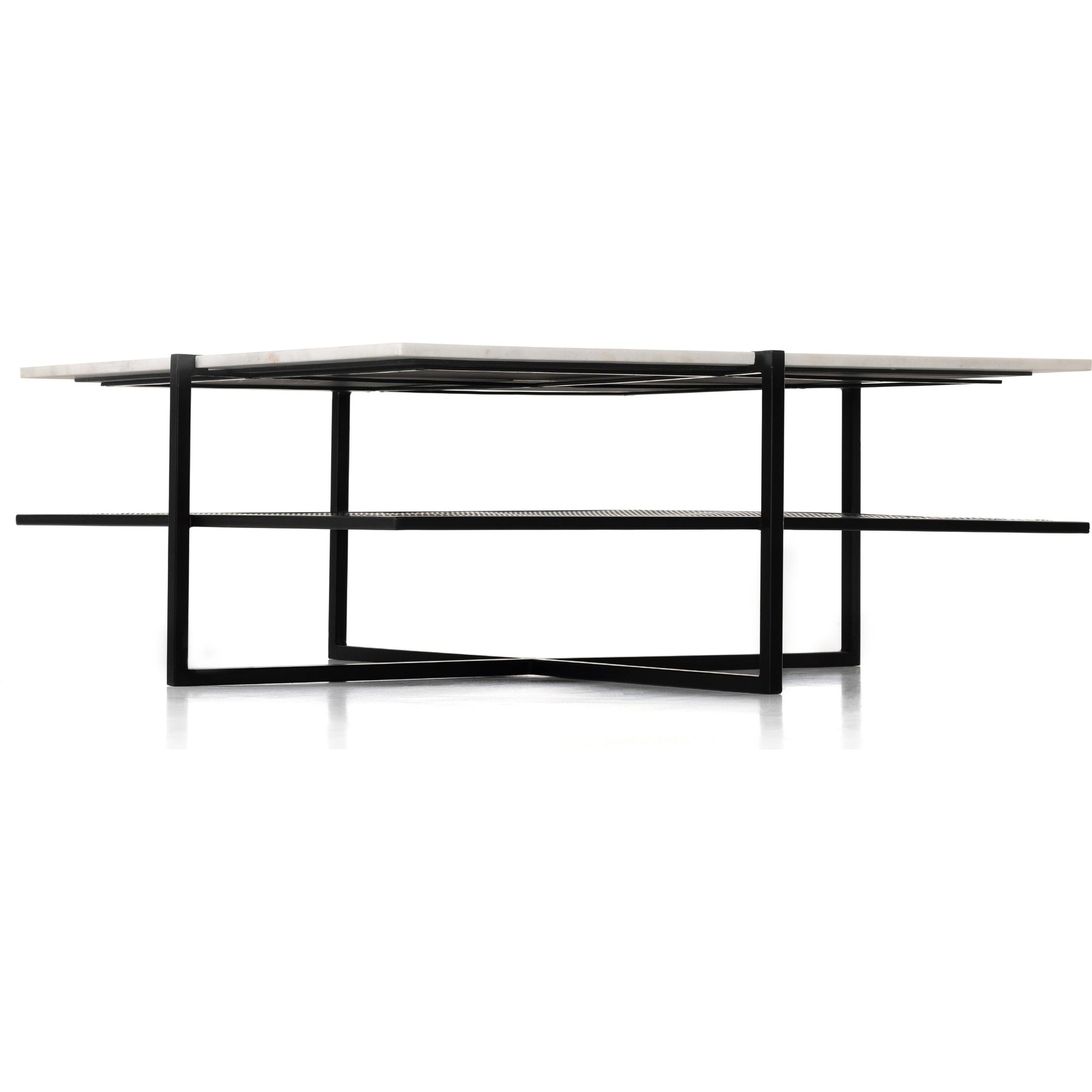 Olivia Square Coffee Table by Four Hands in antique brass, polished white marble and antique brass. Made from solid marble, iron, engineered hardwood in a modern style.