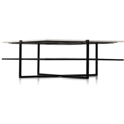 Olivia Square Coffee Table by Four Hands in antique brass, polished white marble and antique brass. Made from solid marble, iron, engineered hardwood in a modern style.