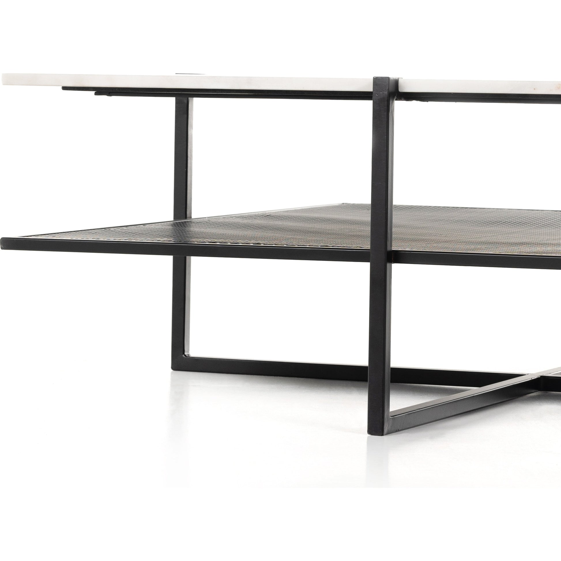 Olivia Square Coffee Table by Four Hands in antique brass, polished white marble and antique brass. Made from solid marble, iron, engineered hardwood in a modern style.
