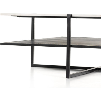 Olivia Square Coffee Table by Four Hands in antique brass, polished white marble and antique brass. Made from solid marble, iron, engineered hardwood in a modern style.