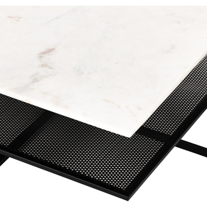 Olivia Square Coffee Table by Four Hands in antique brass, polished white marble and antique brass. Made from solid marble, iron, engineered hardwood in a modern style.