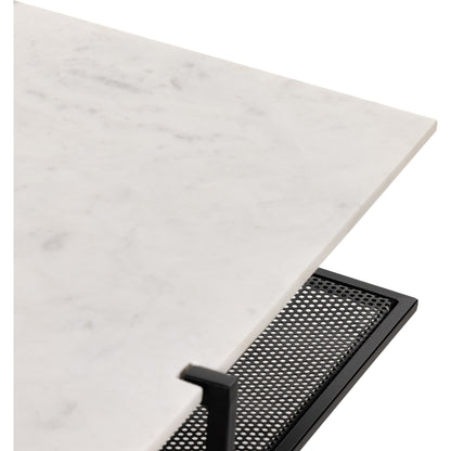 Olivia Square Coffee Table by Four Hands in antique brass, polished white marble and antique brass. Made from solid marble, iron, engineered hardwood in a modern style.