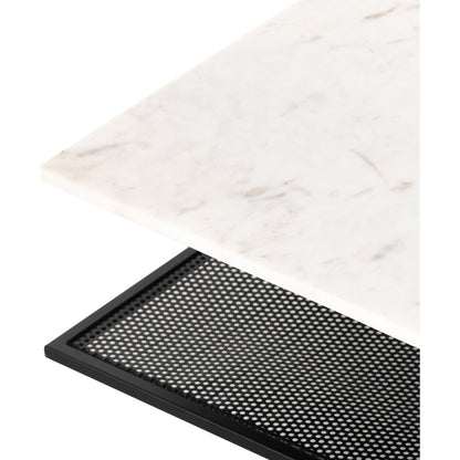 Olivia Square Coffee Table by Four Hands in antique brass, polished white marble and antique brass. Made from solid marble, iron, engineered hardwood in a modern style.