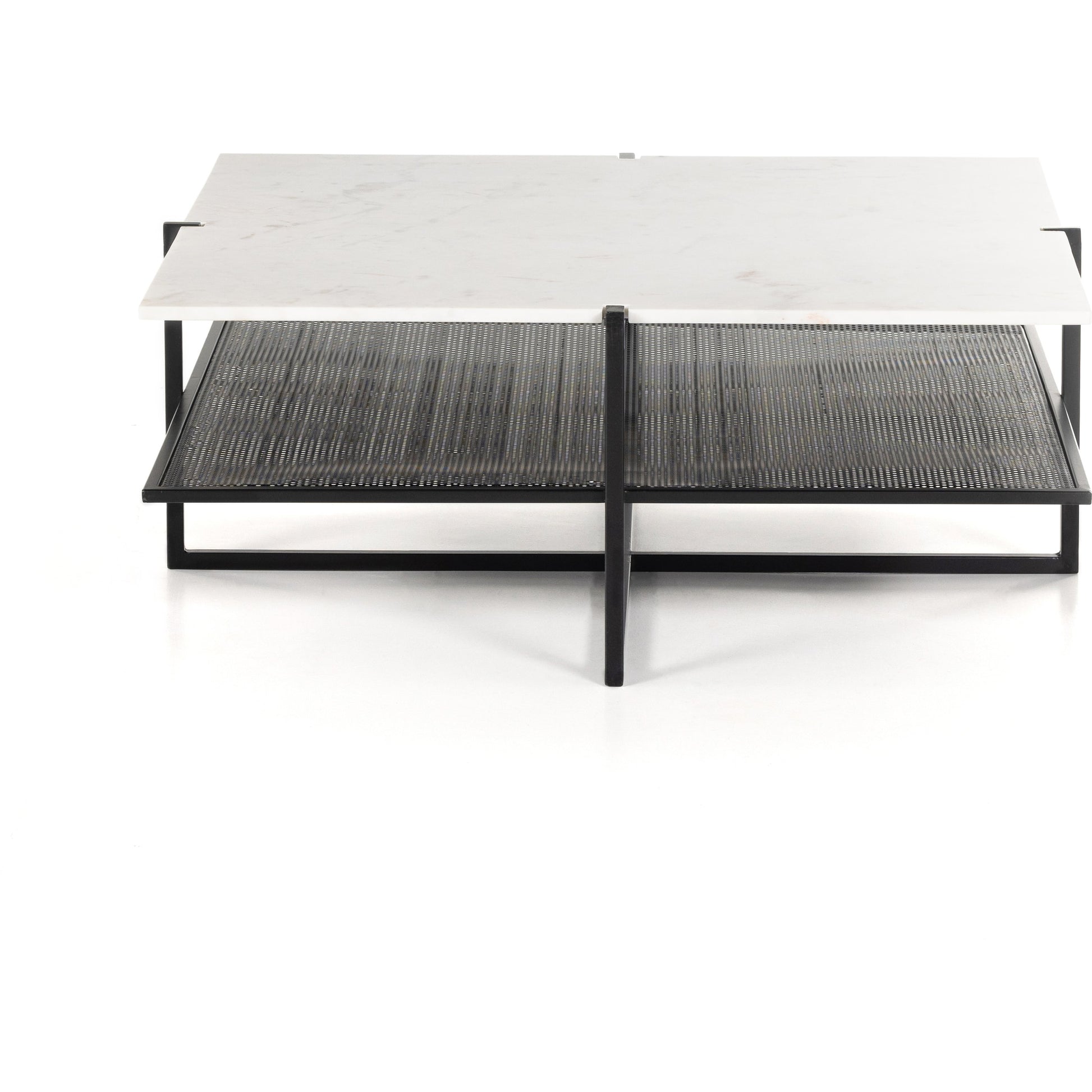 Olivia Square Coffee Table by Four Hands in antique brass, polished white marble and antique brass. Made from solid marble, iron, engineered hardwood in a modern style.