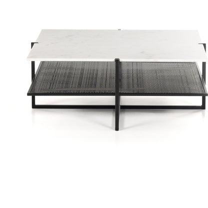 Olivia Square Coffee Table by Four Hands in antique brass, polished white marble and antique brass. Made from solid marble, iron, engineered hardwood in a modern style.