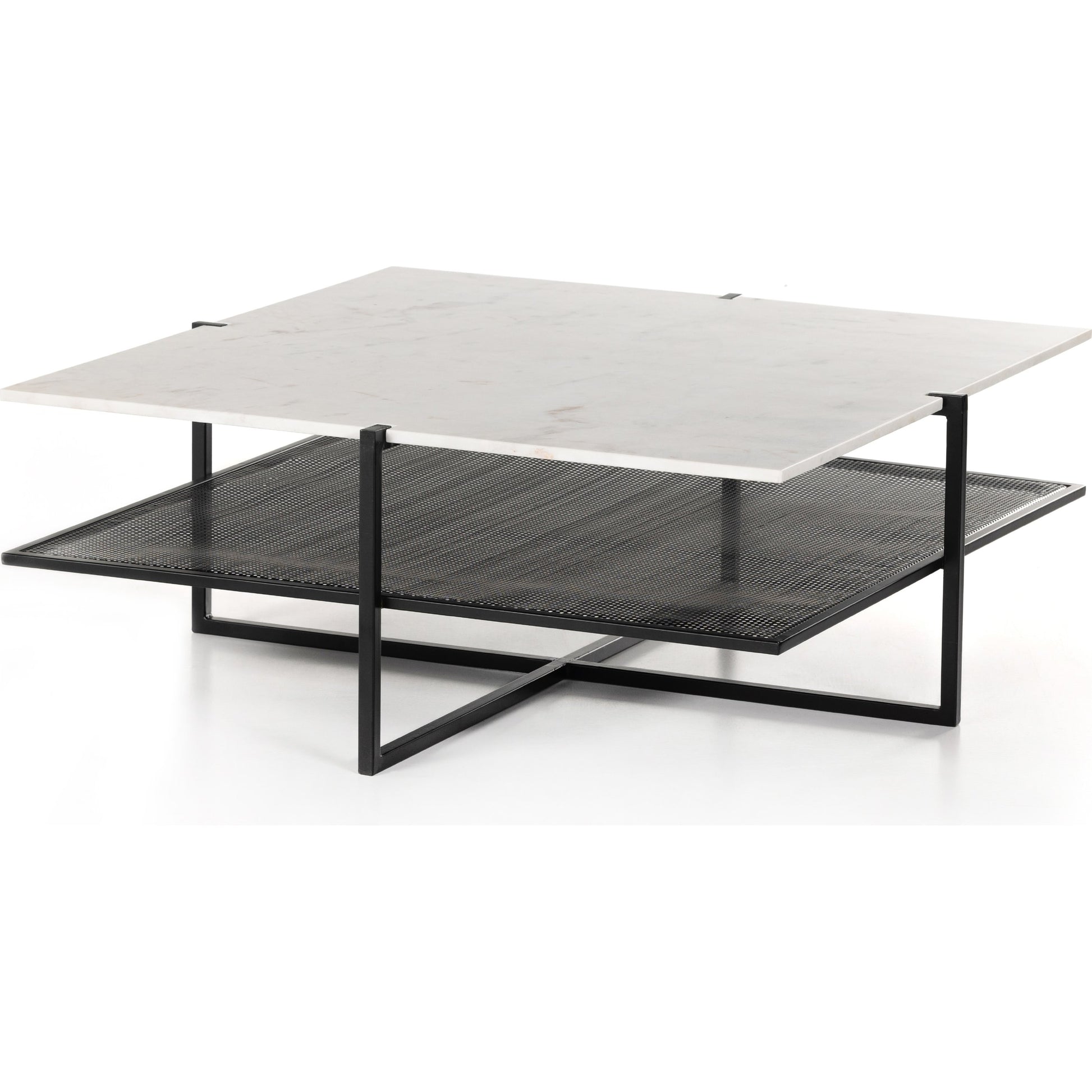Olivia Square Coffee Table by Four Hands in antique brass, polished white marble and antique brass. Made from solid marble, iron, engineered hardwood in a modern style.