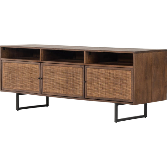 Carmel Media Console by Four Hands. Made from solid mango, cane, iron in a modern style.