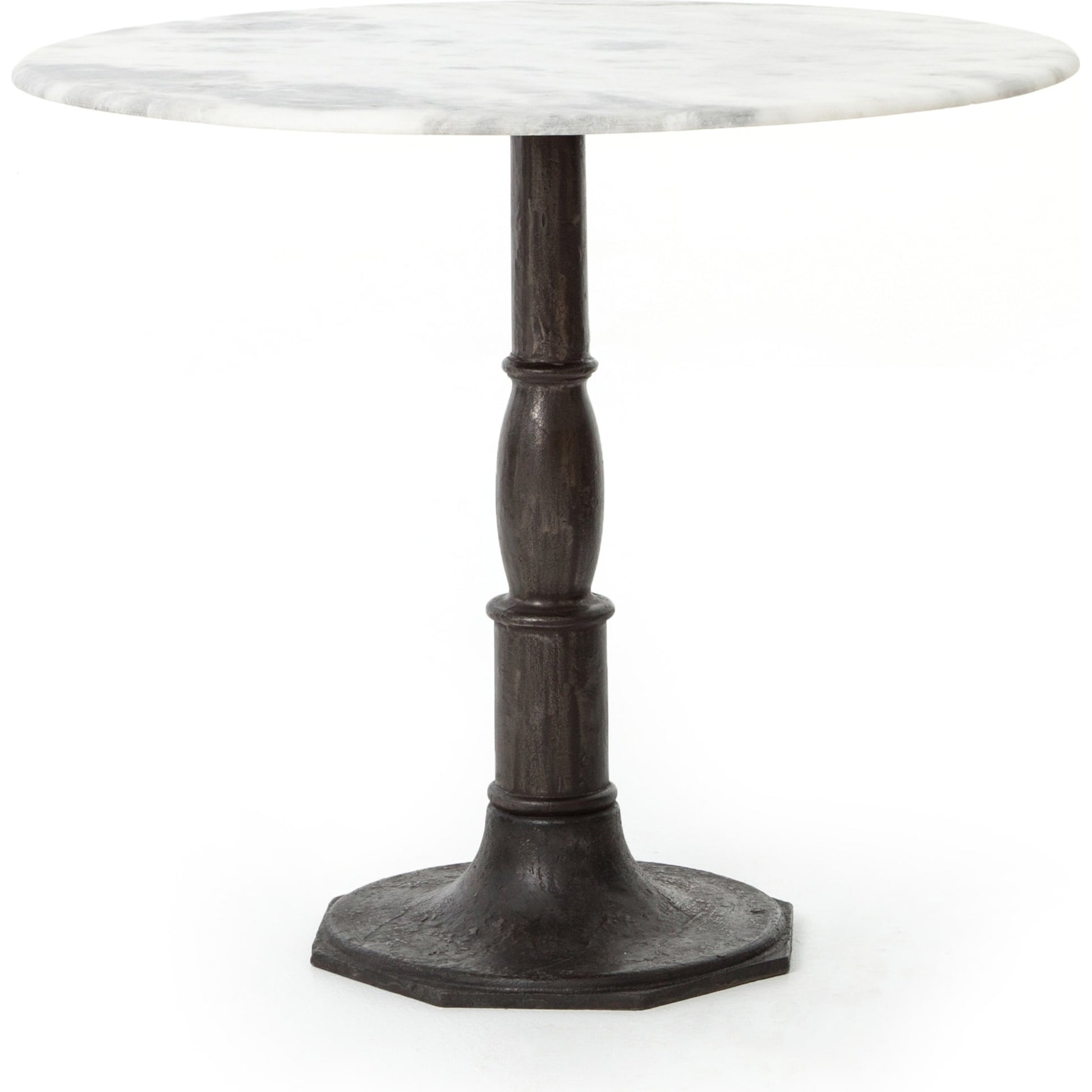 Lucy Bistro Table by Four Hands in carbon wash, white marble. Made from solid marble, iron, engineered hardwood in a traditional style.