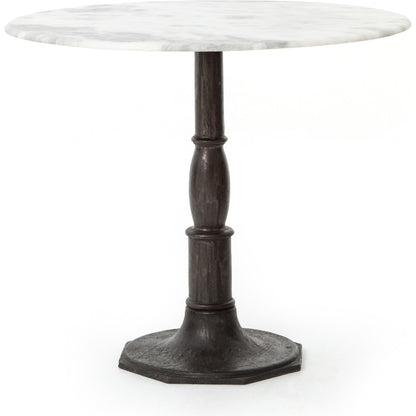Lucy Bistro Table by Four Hands in carbon wash, white marble. Made from solid marble, iron, engineered hardwood in a traditional style.