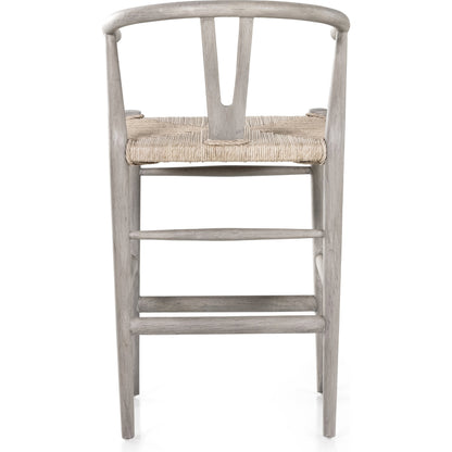 Muestra Counter Stool by Four Hands in vintage white, black teak. Made from solid teak, 100% polyethylene in a coastal style.